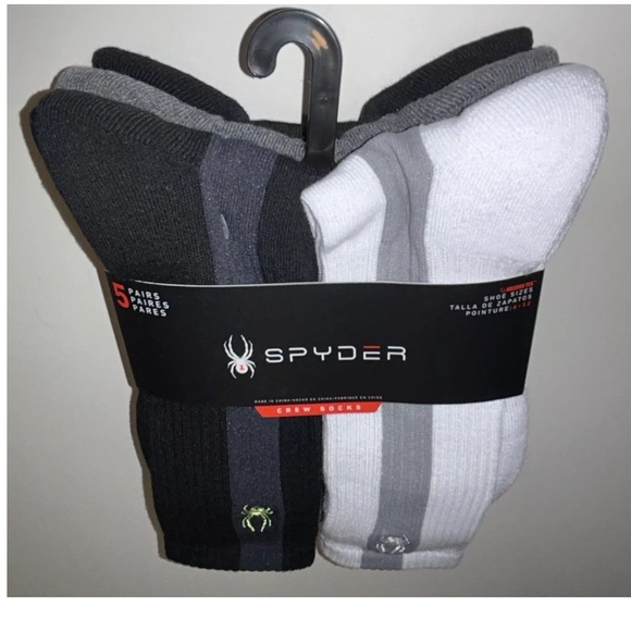 Spyder Crew Socks 5 Pair Men 6-12 White Black Gray Green Mixed Logo Cushion Ski - Picture 11 of 11